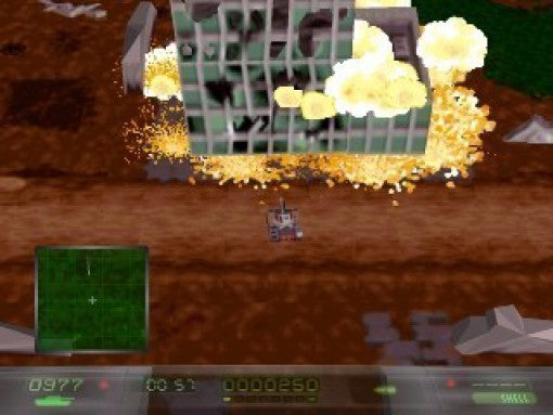 Ein Panzer zerstört ein großes Gebäude, das in Flammen und Rauch aufgeht, im Vordergrund ist ein HUD zu sehen.