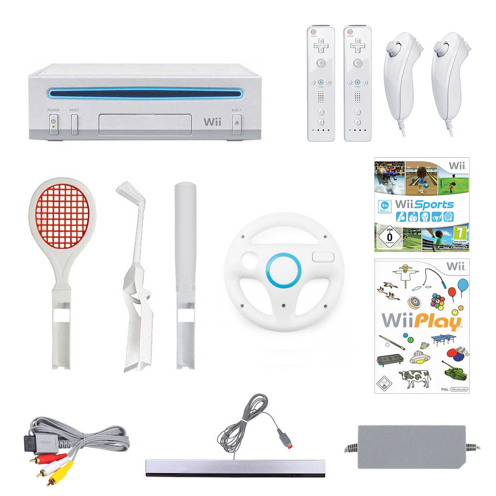 MegaSet: Konsole + Wii Sports + Wii Play + 2 Remotes + Zubehör weiß