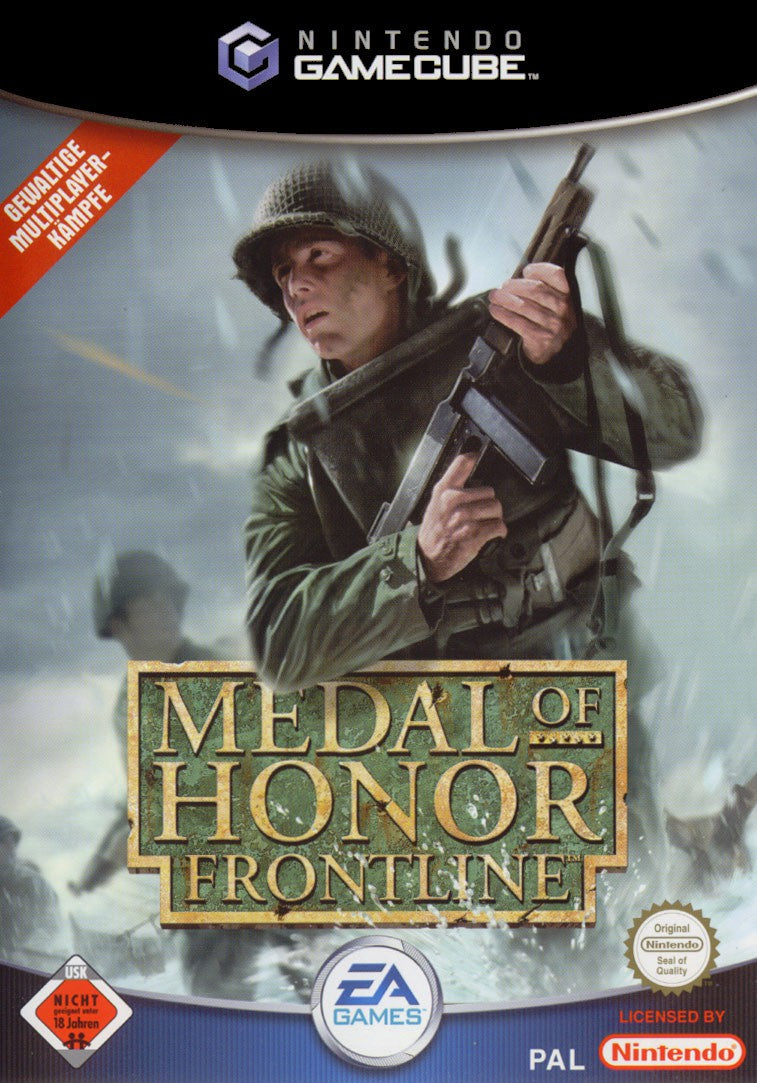 Medal of Honor: Frontline für GameCube, USK ab 18, zeigt einen Soldaten mit Maschinenpistole und den Hinweis.
