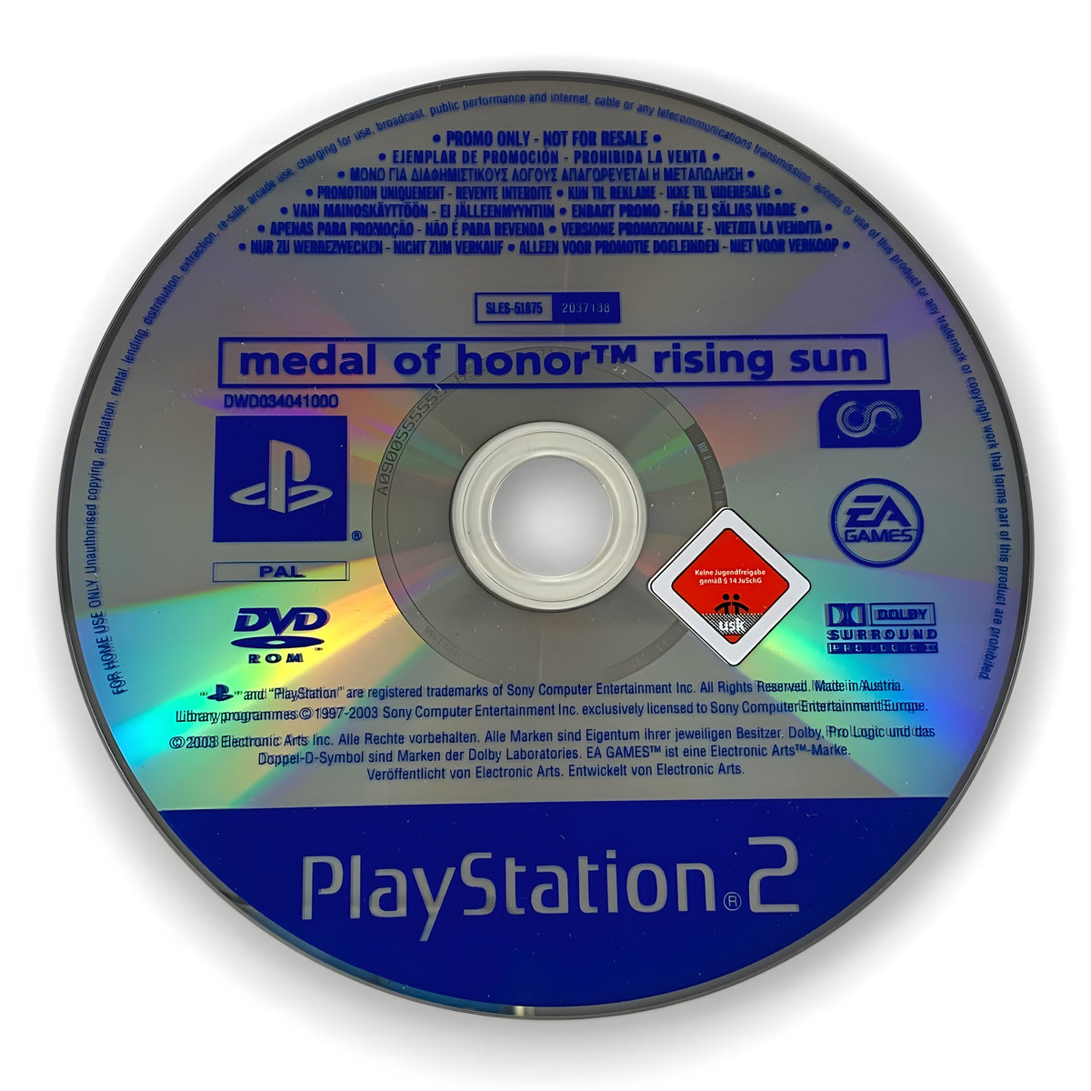 Die Disc von Medal of Honor: Rising Sun für PS2 zeigt den Titel, das PlayStation-Logo und ein USK-Siegel.