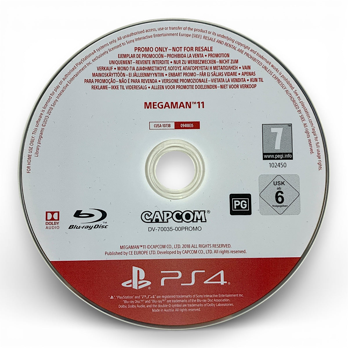 Der Datenträger von Megaman 11 für PS4 zeigt den Titel, das USK-Siegel ab 6 und den Hinweis "Promo Only".