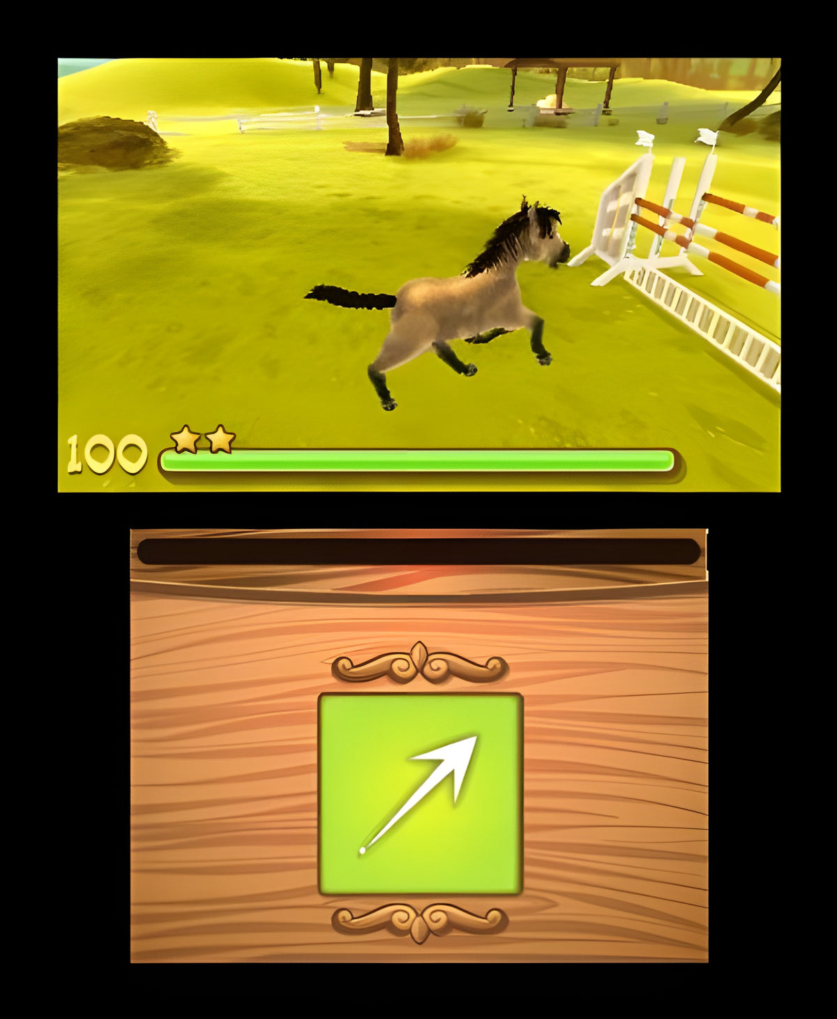 Ein Fohlen springt in Mein Fohlen 3D über ein Hindernis auf einer grünen Wiese.