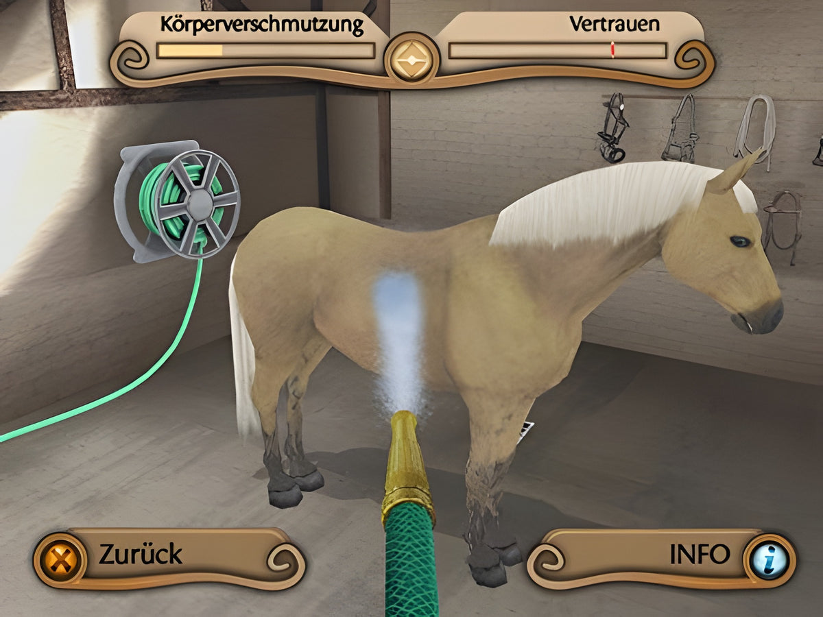 In Mein Gestüt 3D: Ein Leben für die Pferde wird ein Pferd mit einem Schlauch.