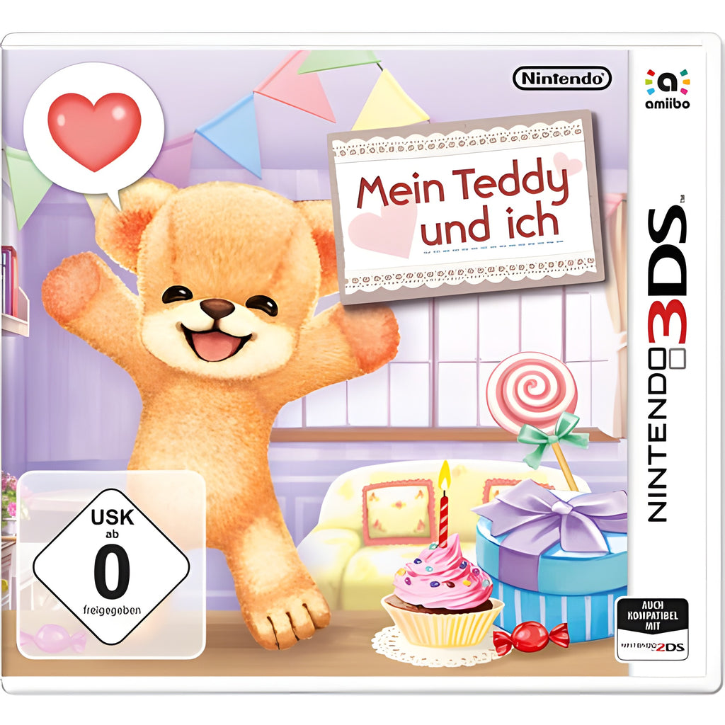 Das Cover von Mein Teddy und ich für Nintendo 3DS zeigt einen fröhlichen Teddybär vor Geschenken und einer USK ab 0 Freigabe.