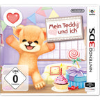 Das Cover von Mein Teddy und ich für Nintendo 3DS zeigt einen fröhlichen Teddybär vor Geschenken und einer USK ab 0 Freigabe.