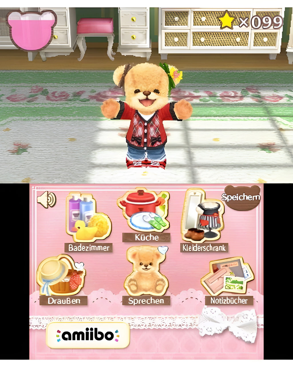 Im Spiel Mein Teddy und ich ist ein Teddybär in einem Zimmer zu sehen, darunter ein Menü mit Optionen wie "Badezimmer".