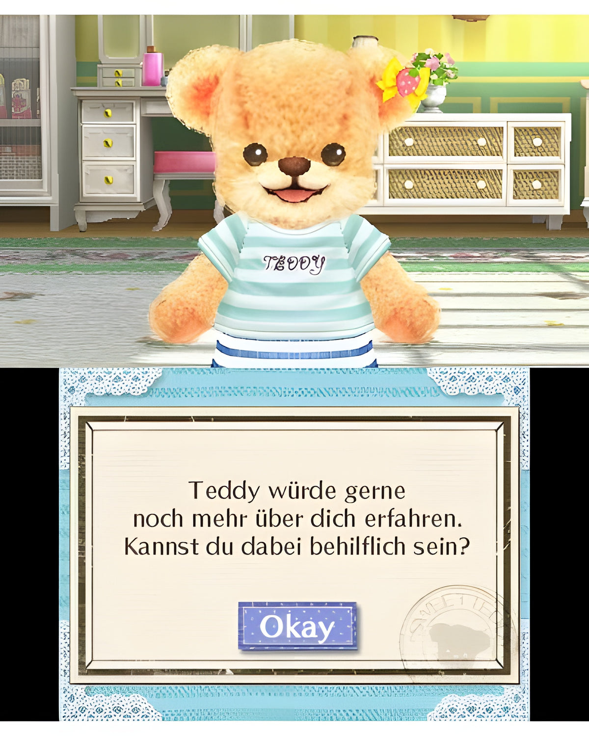 Der Teddybär in Mein Teddy und ich fragt in einem Dialogfeld, ob man ihm helfen kann, mehr zu erfahren.