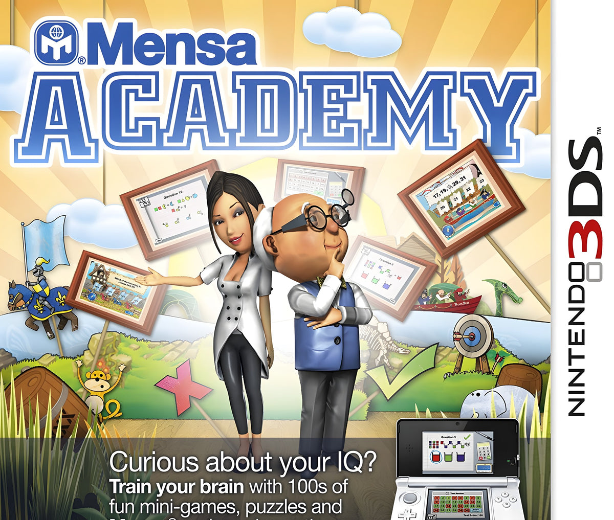 Das Cover von Mensa Academy zeigt zwei Personen, die auf verschiedene Rätselrahmen zeigen.