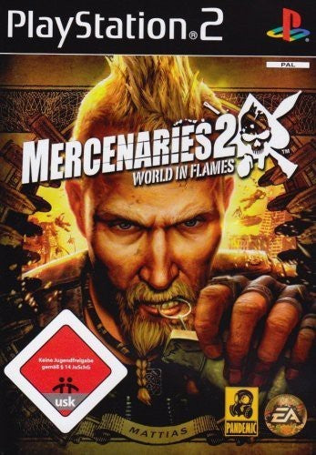 Mercenaries 2: World in Flames für PlayStation 2 mit USK ab 18 Siegel und einem bärtigen Mann auf dem Cover.
