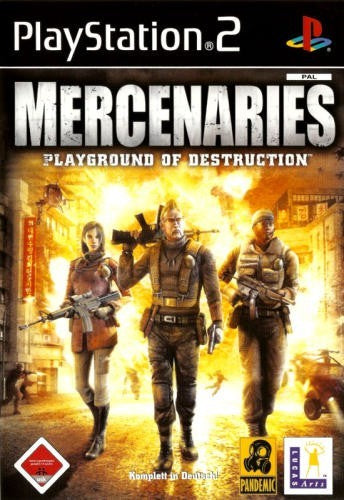 Das Cover von Mercenaries: Playground of Destruction für PS2 zeigt drei Söldner vor einer brennenden Stadt, USK ab 18.