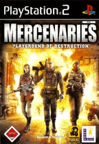 Das Cover von Mercenaries: Playground of Destruction für PS2 zeigt drei Söldner vor einer brennenden Stadt, USK ab 18.
