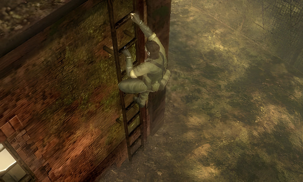 In Metal Gear Solid Snake Eater 3D klettert Snake eine Leiter an einer moosbewachsenen Wand hoch.