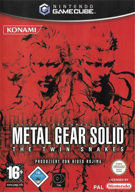 Die Verpackungsvorderseite von Metal Gear Solid: The Twin Snakes für GameCube zeigt zwei stilisierte Gesichter.