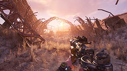 Eine Spielszene aus Metro Exodus Complete Edition zeigt zerstörte Ruinen bei Sonnenuntergang.