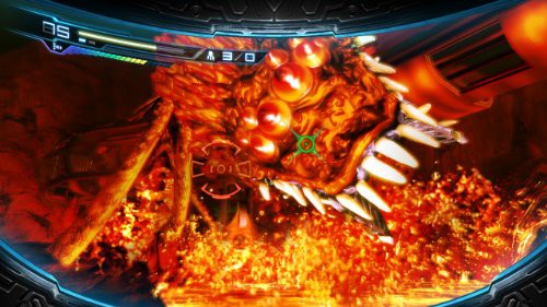 Ein riesiges, orangefarbenes Monster mit vielen Augen und scharfen Zähnen erhebt sich aus glühender Lava.