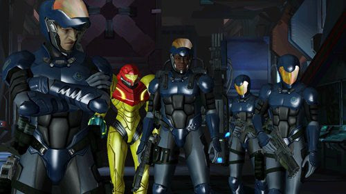 Samus Aran in ihrem gelb-roten Anzug steht zusammen mit vier Soldaten in blauen Rüstungen in einem futuristischen Raum.