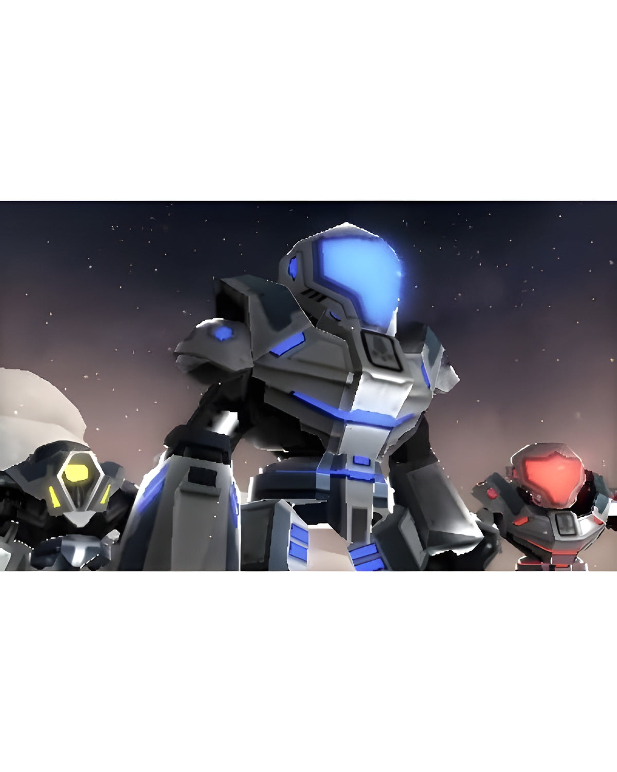 Drei Mechs stehen in Metroid Prime: Federation Force vor einem dunklen Nachthimmel.