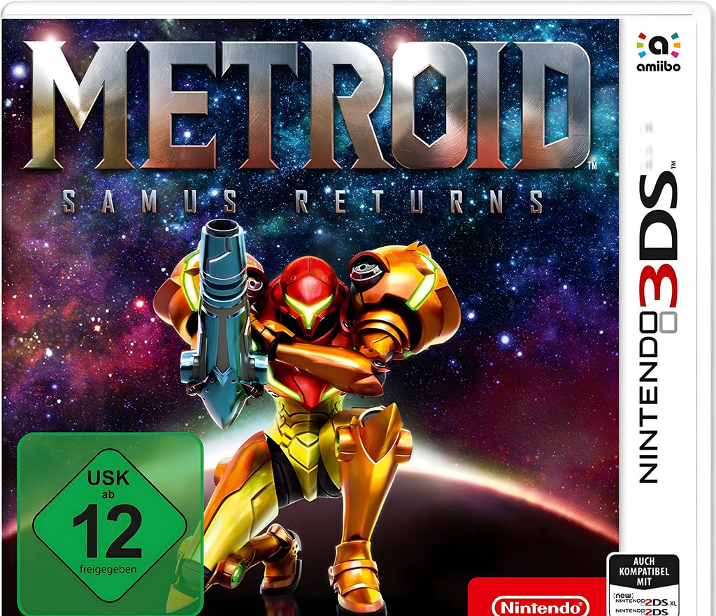 Metroid: Samus Returns zeigt auf dem Cover Samus Aran in ihrer orangefarbenen Rüstung, USK ab 12.