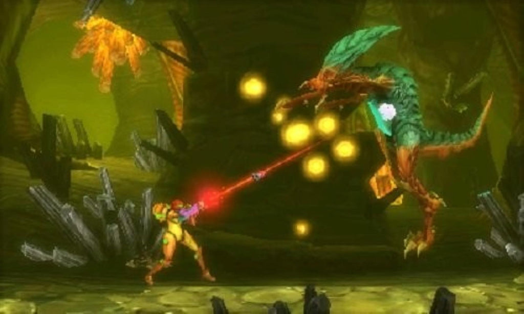 In Metroid: Samus Returns kämpft Samus Aran gegen einen großen fliegenden Gegner in einer Höhle.