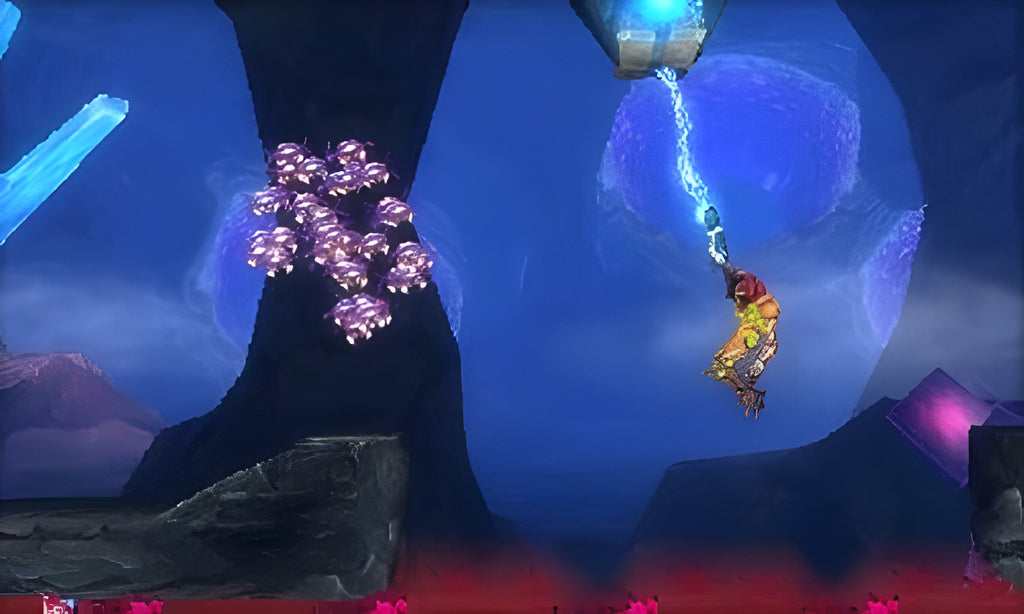 Samus Aran schwingt sich in Metroid: Samus Returns an einem Seil durch eine blaue Höhle.