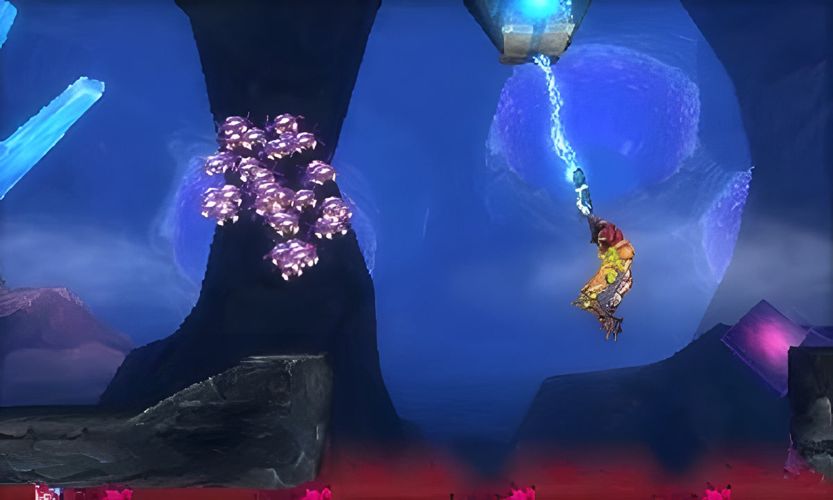 Samus Aran schwingt sich in Metroid: Samus Returns an einem Seil durch eine blaue Höhle.