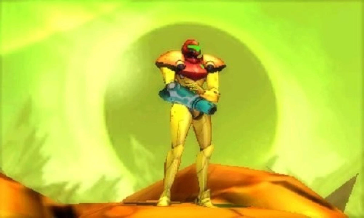 Metroid: Samus Returns zeigt Samus Aran in ihrem gelben Anzug, die vor einem grünen Auge steht.