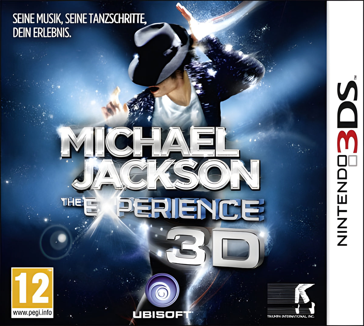 Das Cover von Michael Jackson: The Experience 3D zeigt Michael Jackson tanzend vor blauem Hintergrund und PEGI 12.