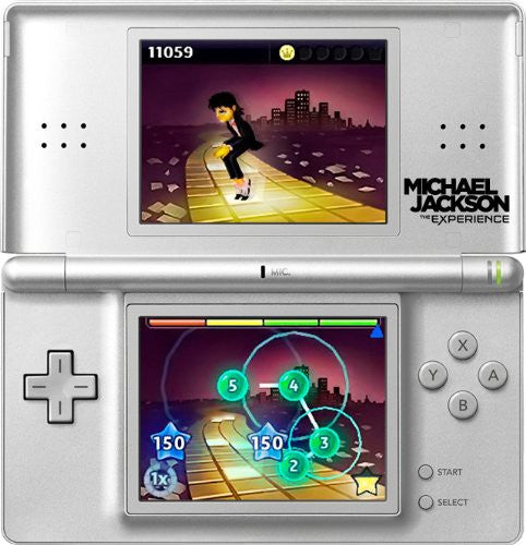 Ein Nintendo DS zeigt zwei Spielbildschirme mit Michael Jackson auf einer Straße und Notensymbolen.