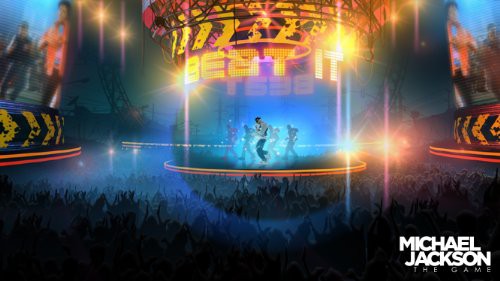 Eine Spielszene zeigt Michael Jackson auf einer hell erleuchteten Bühne vor einem großen Publikum.