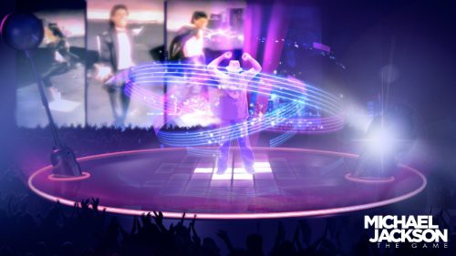 Eine Spielszene zeigt Michael Jackson auf einer runden Plattform, umgeben von Notenlinien.