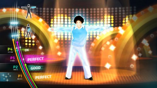 Ein junger Michael Jackson mit Afro-Frisur tanzt in einem hellblauen Outfit vor einer Disco-Kulisse.