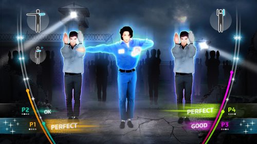 Michael Jackson in einem blauen Gefängnis-Outfit tanzt vor einer Gefängniskulisse mit zwei Wärtern.
