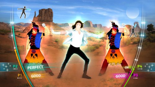 Michael Jackson tanzt in einer Wüstenlandschaft mit zwei Begleitern in indianisch anmutenden Kostümen.