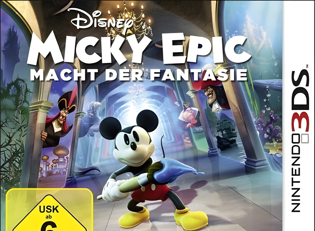 Das Cover von Micky Epic: Macht der Fantasie / Epic Mickey: Power of Illusion zeigt Micky Maus mit Pinsel und USK ab 6.