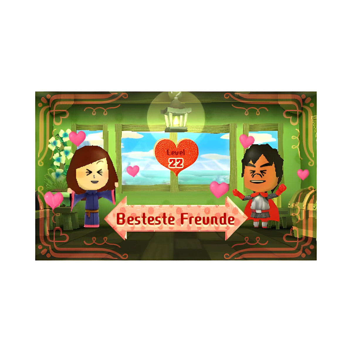 Zwei Mii-Charaktere sind in Miitopia als 'Besteste Freunde' auf Level 22 verbunden.