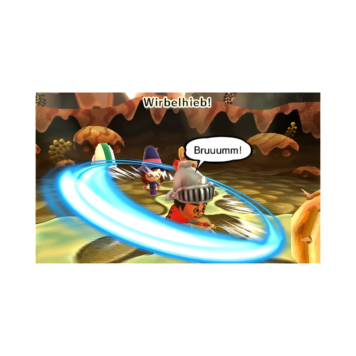 Ein Ritter-Mii führt in Miitopia einen 'Wirbelhieb' mit blauem Effekt aus.