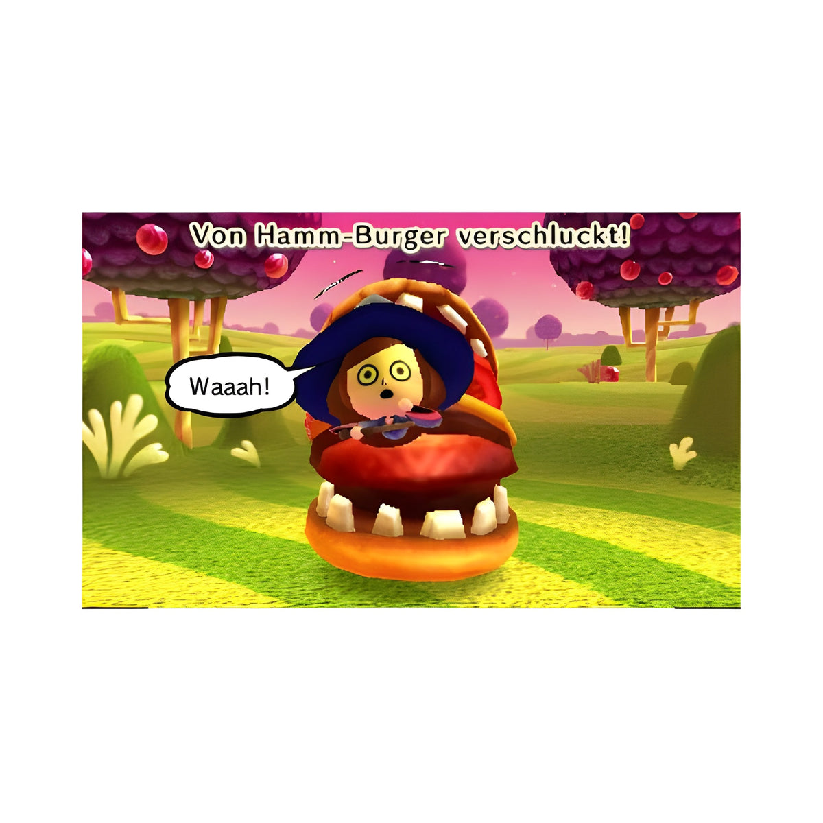 Ein Mii-Charakter wird in Miitopia von einem riesigen Hamm-Burger verschluckt.