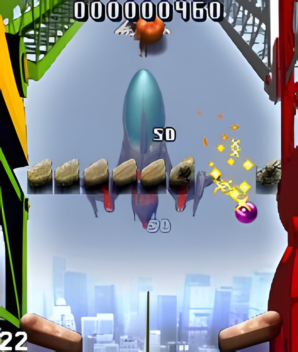 Eine Spielszene aus Mile High Pinball zeigt einen Pinball-Tisch über einer Stadtkulisse mit einem Ball und Flippern.