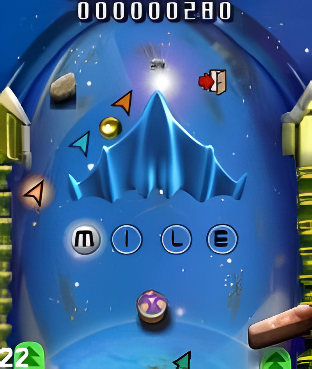 Ein Pinball-Tisch in Mile High Pinball zeigt ein Weltraum-Thema mit dem Wort MILE und einem blauen Berg.