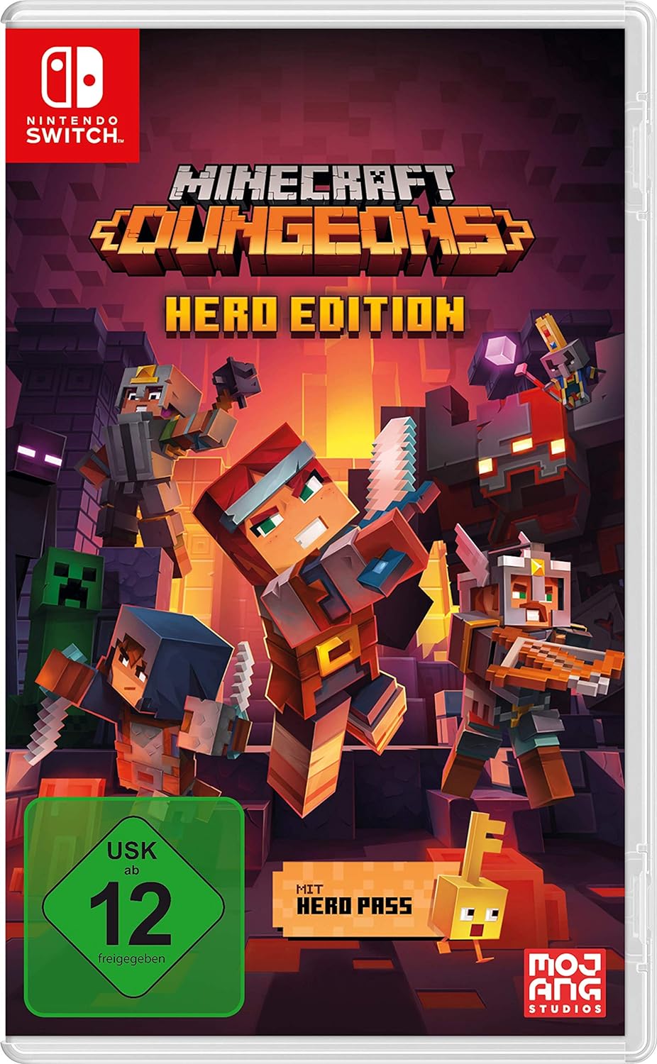 Das Cover von Minecraft Dungeons Hero Edition für Nintendo Switch zeigt mehrere Spielfiguren und das USK ab 12 Siegel.