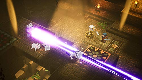 Ein Spielercharakter feuert einen violetten Laserstrahl auf mehrere Gegner in einem dunklen Dungeon ab.