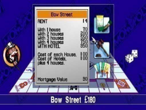 Ein Screenshot zeigt das Menü für die Bow Street mit den Mietpreisen für Häuser und Hotels.