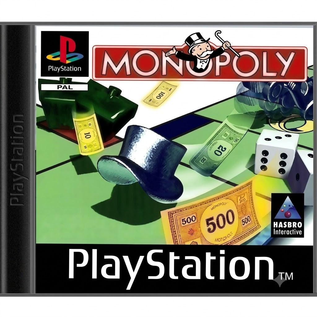 Die Vorderseite des Spiels Monopoly für PlayStation zeigt Spielgeld, Würfel und Spielfiguren auf einem Monopoly-Feld.