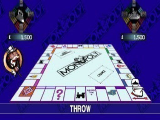 Der Screenshot zeigt das vollständige Monopoly-Spielbrett mit Spielfiguren und Würfeln vor einem Wurf.