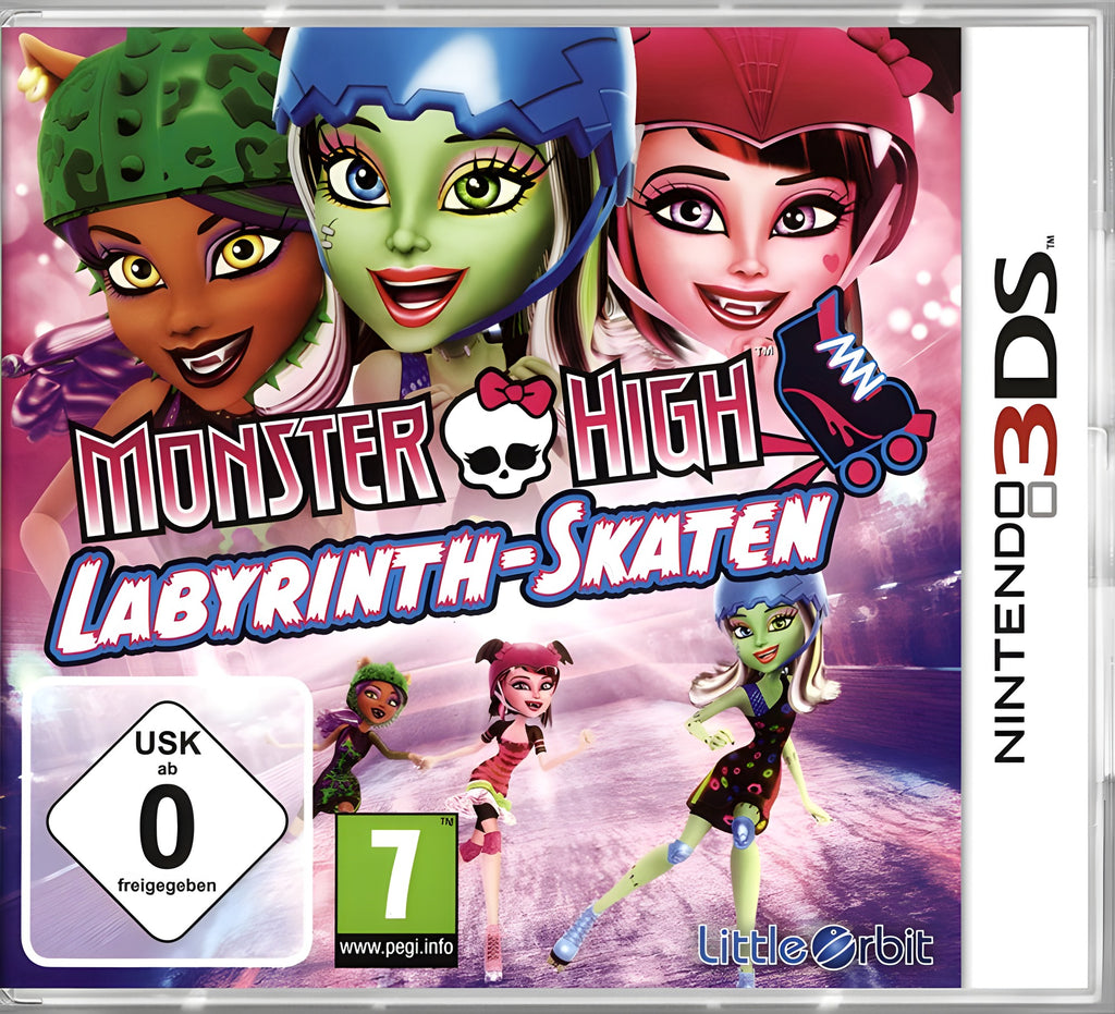 Das Cover von Monster High: Skultimate Roller Maze / Labyrinth Skaten zeigt drei Monster High-Figuren mit Helmen und das USK.