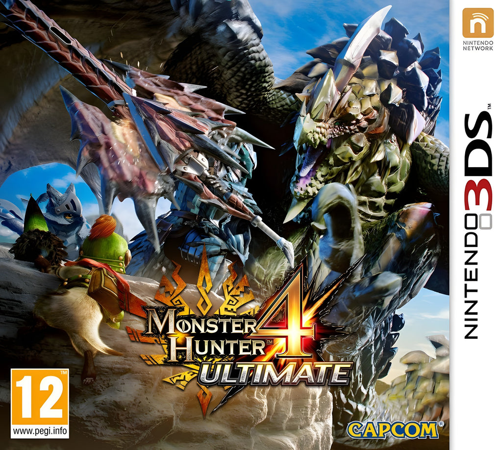 Monster Hunter 4 Ultimate in der Originalhülle, mit PEGI 12 Siegel und Händlerlogo unten links.