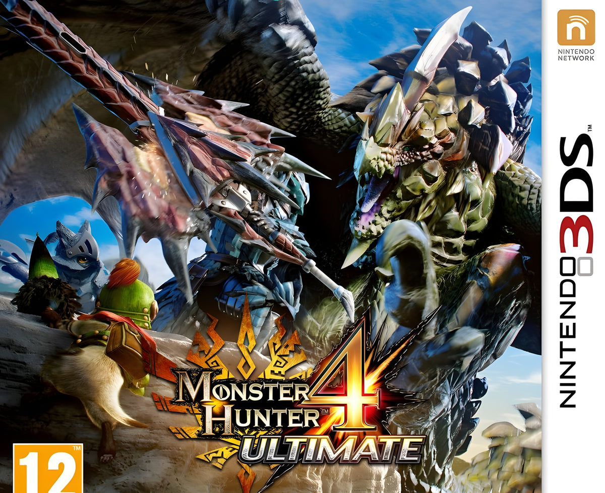 Monster Hunter 4 Ultimate in der Originalhülle, mit PEGI 12 Siegel und Händlerlogo.