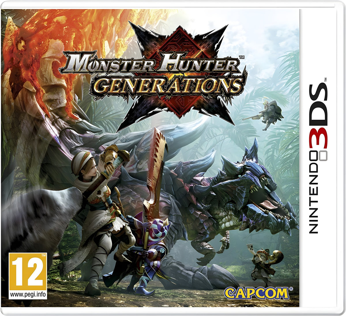 Das Cover von Monster Hunter Generations zeigt einen Kampf zwischen Jägern und großen Monstern, PEGI 12.