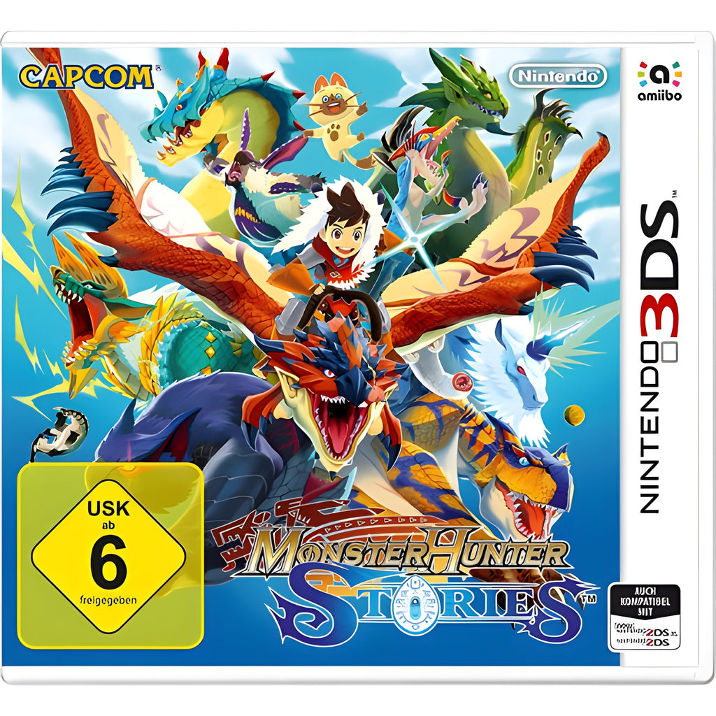 Das Cover von Monster Hunter: Stories für Nintendo 3DS zeigt einen Reiter auf einem Drachen.