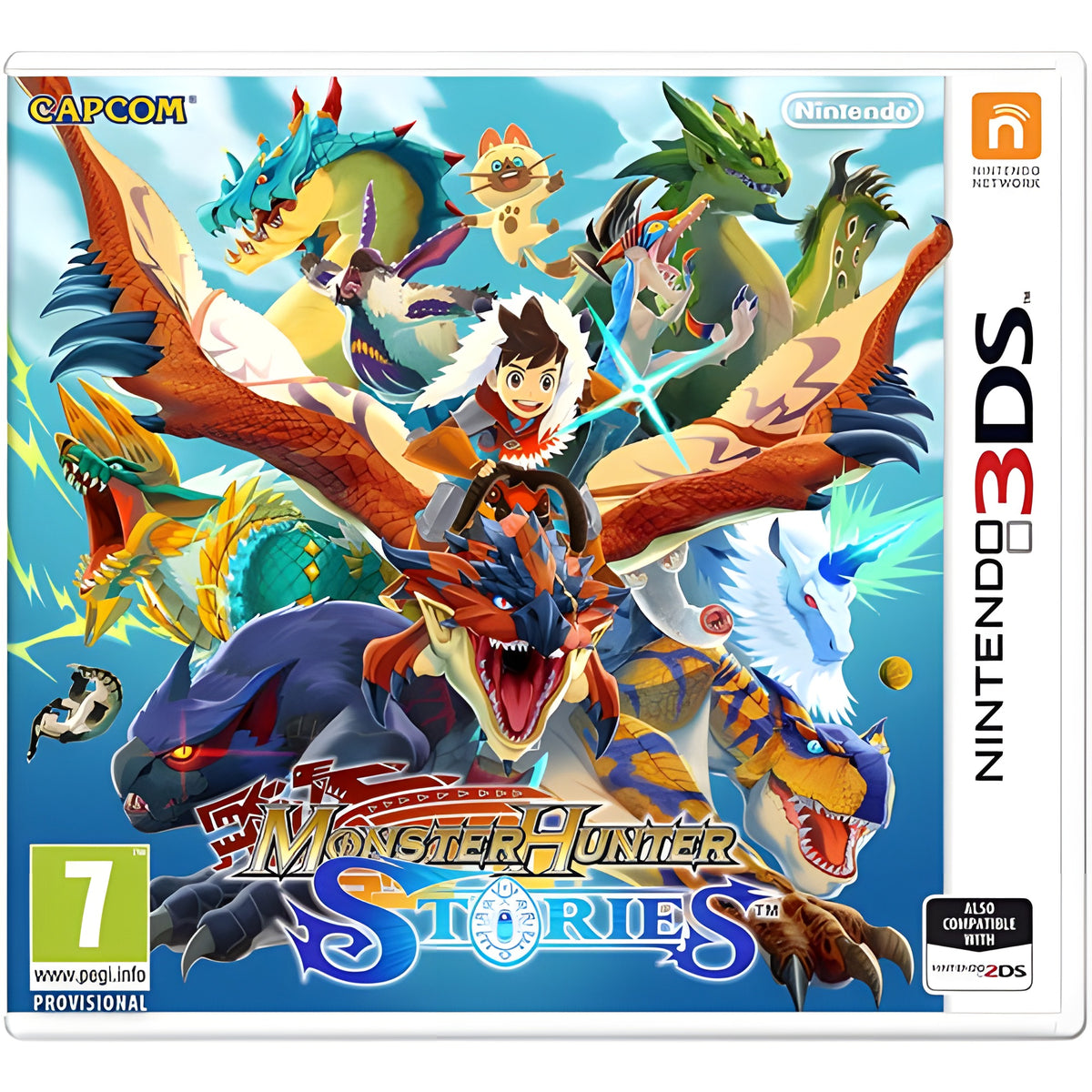 Das Cover von Monster Hunter: Stories für Nintendo 3DS zeigt einen Jungen umringt von vielen bunten Monstern, PEGI 7.